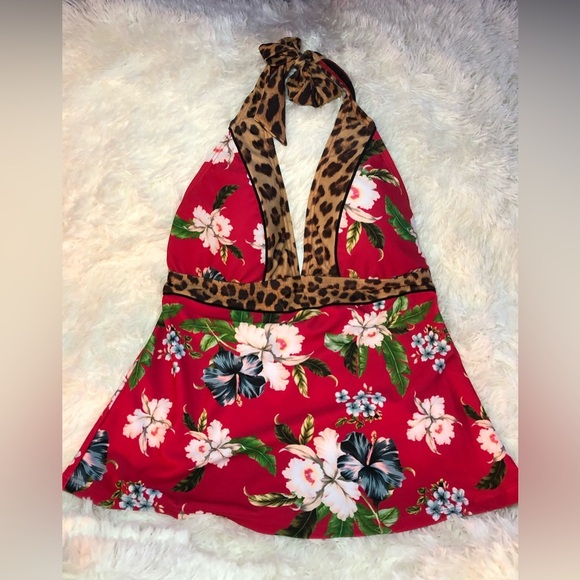 Athens Halter Tankini Red and Brown with Floral and Leopard Print NWOT size 4 - Picture 2 of 15